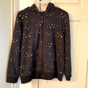 Grey heather full zip hoodie with metallic gold stars, kids XL/womens S